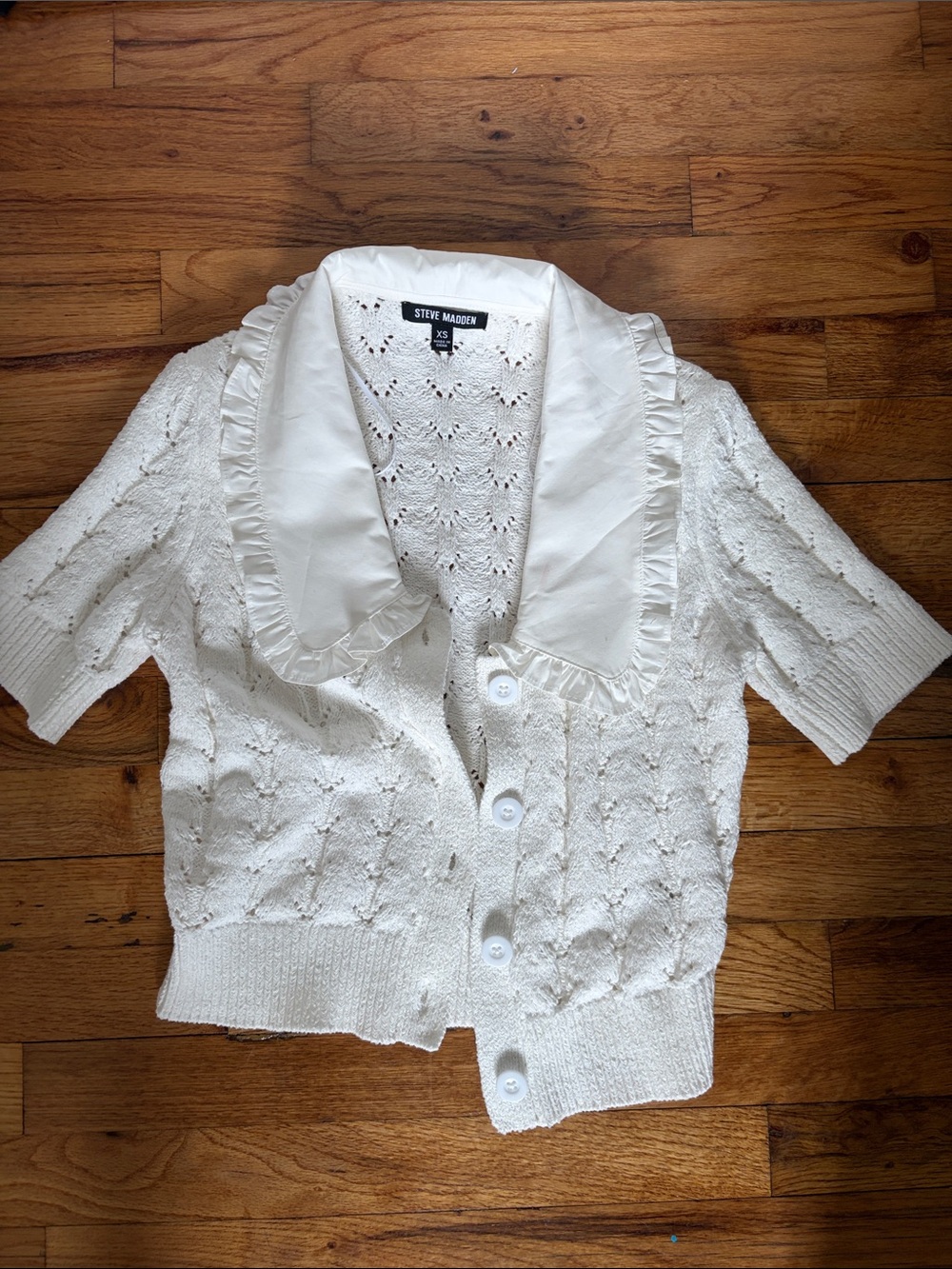 Steve Madden Cream Short-Sleeve Knit Cardigan with Ruffle Collar